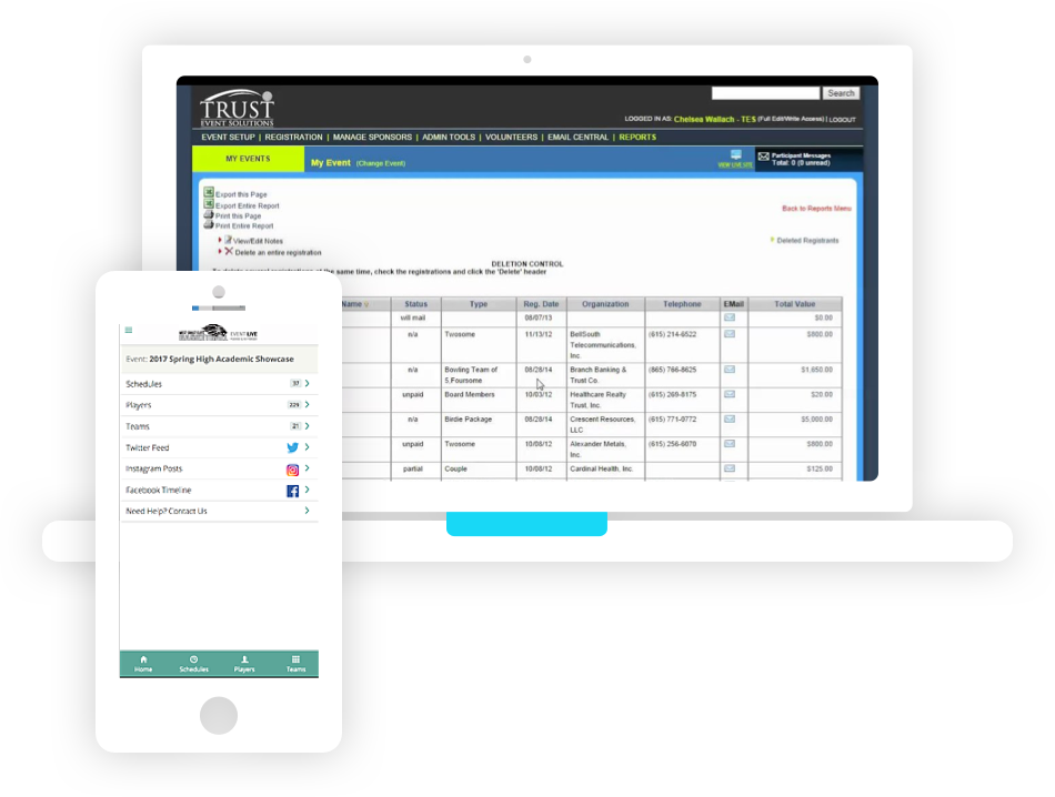 Screenshot examples of the Trust Event Solutions software.